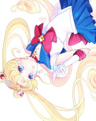 Rule 34 | 10s, 1girl, 2014, bishoujo senshi sailor moon, bishoujo senshi sailor moon crystal, blonde hair, blue sailor collar, blue skirt, bow, brooch, choker, crescent, dated, double bun, earrings, elbow gloves, facial mark, forehead mark, gem, gloves, hair ornament, hairpin, jewelry, long hair, maboroshi no ginzuishou, magical girl, pleated skirt, red bow, ribbon, sailor collar, sailor moon, signature, skirt, solo, tsukino usagi, twintails, upside-down, white background, white gloves, yukinami (paru26i)