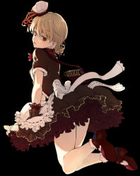 Rule 34 | 1girl, apron, backlighting, bad id, bad pixiv id, bag, black background, black dress, bobby socks, bow, brown eyes, chef hat, dress, earrings, frilled dress, frills, from behind, full body, hat, highres, idolmaster, idolmaster cinderella girls, idolmaster cinderella girls starlight stage, jewelry, kneeling, light brown hair, looking back, looking to the side, mary janes, mini hat, morikubo nono, neck ribbon, parted lips, patissier, red ribbon, ribbon, ringlets, sanmon (mekko0929), shoes, short hair, short sleeves, shoulder bag, simple background, socks, solo, sweetches, waist apron, wrist cuffs