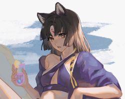 Rule 34 | 1girl, animal ear fluff, animal ears, arknights, black hair, blue background, brown eyes, criss-cross halter, cup, dog ears, facial mark, forehead mark, halterneck, highres, holding, holding cup, japanese clothes, kimono, long hair, looking at viewer, multicolored hair, open clothes, open mouth, parted bangs, purple kimono, saga (arknights), solo, two-tone hair, upper body, white background, xianci