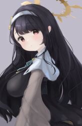 Rule 34 | 1girl, absurdres, asymmetrical bangs, black hair, blue archive, halo, highres, hinata (blue archive), jewelry, juliet sleeves, light blush, long hair, long sleeves, looking at viewer, nun, puffy sleeves, red eyes, shadow, simple background, solo, teruriu, very long hair, white background