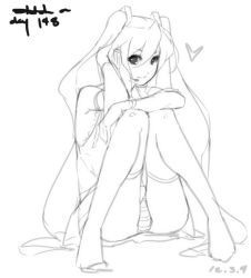 Rule 34 | 1girl, bare shoulders, detached sleeves, eu03, greyscale, hatsune miku, headset, knees together feet apart, long hair, monochrome, panties, pantyshot, sitting, sketch, solo, striped clothes, striped panties, thighhighs, twintails, underwear, vocaloid