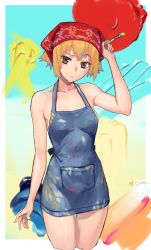 Rule 34 | 1girl, :&lt;, apron, arm at side, arm up, bad id, bad twitter id, bandana, bare legs, bare shoulders, blush, breasts, brown eyes, closed mouth, collarbone, copyright request, cowboy shot, cropped legs, expressionless, graffiti, highres, holding, looking at viewer, naked apron, naked overalls, no bra, orange hair, overalls, paint splatter, paintbrush, short hair, sideboob, solo, standing, thigh gap, washi no tosaka