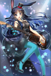 Rule 34 | 1girl, akiyama mio, animal ears, ankle strap, aqua pantyhose, black eyes, black hair, blue pantyhose, don&#039;t say &quot;lazy&quot;, dress, elbow gloves, fingerless gloves, gloves, guitar, hat, high heels, instrument, k-on!, left-handed, long hair, mini hat, mini top hat, pantyhose, rabbit ears, single glove, solo, spinel (9057), striped, top hat
