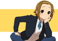 Rule 34 | 1girl, black jacket, blue neckwear, blue pants, brown eyes, brown hair, closed mouth, collared shirt, commentary request, forehead, hairband, hand on own chin, head rest, highres, jacket, k-on!, kicchi (tmgk), crossed legs, long sleeves, looking at viewer, pants, shirt, short hair, sitting, solo, tainaka ritsu, two-tone background, white background, white shirt, yellow background, yellow hairband