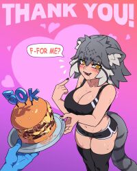 Rule 34 | 1girl, @ @, animal ears, black nails, black shorts, black sports bra, black thighhighs, blush, breasts, burger, english text, fangs, flying sweatdrops, food, freckles, grey hair, highres, large breasts, looking at viewer, micro shorts, milestone celebration, multicolored hair, navel, open mouth, original, ponaners, saliva, shiny skin, short hair, shorts, smile, solo, speech bubble, sports bra, sweat, tail, thighhighs, white hair