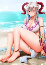 Rule 34 | 1girl, anklet, barefoot, beach, bikini, breasts, cleavage, feet, fire emblem, fire emblem heroes, freyja (fire emblem), gradient hair, hair between eyes, highres, horns, jewelry, large breasts, long hair, looking at viewer, multicolored hair, nintendo, official alternate costume, parted lips, pelvic curtain, red eyes, silver hair, soles, solo, swimsuit, thighs, toes, very long hair, white bikini