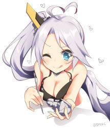 Rule 34 | 1girl, :q, ahoge, azur lane, bare shoulders, black bra, blue eyes, blush, bra, breasts, cleavage, grey hair, headgear, heart, heart-shaped pupils, heart ahoge, holding, long hair, looking at viewer, medium breasts, one eye closed, portland (azur lane), side ponytail, simple background, smile, solo, supershiruco, symbol-shaped pupils, tongue, tongue out, twitter username, underwear, very long hair, white background