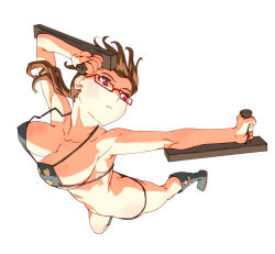 Rule 34 | 1girl, ass, bikini, black bikini, blush, boots, breasts, brown hair, butt crack, glasses, highres, large breasts, long hair, oono tsutomu, original, perspective, red eyes, solo, swimsuit, tonfa, twintails, weapon