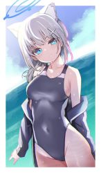 Rule 34 | 1girl, animal ear fluff, animal ears, blue archive, blue eyes, blue jacket, breasts, commentary request, competition swimsuit, covered navel, cowboy shot, cross hair ornament, grey hair, grey one-piece swimsuit, hair ornament, halo, highres, izuoku, jacket, medium breasts, medium hair, mismatched pupils, one-piece swimsuit, shiroko (blue archive), shiroko (swimsuit) (blue archive), solo, standing, swimsuit, wet