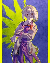 Rule 34 | 1girl, artist name, blue background, bow, bowtie, commentary, corporalblake, dress, english commentary, grey hair, grey jacket, highres, jacket, kishin sagume, looking at viewer, purple dress, red bow, red bowtie, short hair, solo, touhou, v-shaped eyebrows