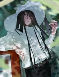 1boy asutewo black_hair black_pants frills genderswap genderswap_(ftm) ghost hasshaku-sama hat highres leaning_on_object long_hair looking_at_viewer pale_skin pants playing_with_own_hair shirt tall urban_legend white_shirt