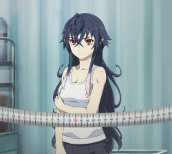 1girl bare_shoulders black_hair breasts cleavage highres irina_luminesk long_hair medium_breasts pointy_ears red_eyes stitched tank_top tape_measure third-party_edit tsuki_to_laika_to_nosferatu vampire