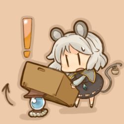 Rule 34 | !, 1girl, animal ears, bad id, bad pixiv id, basket, bishamonten&#039;s pagoda, box, cardboard box, chibi, female focus, frown, grey hair, jewelry, katsudansou, metal gear (series), metal gear solid, mouse ears, mouse tail, nazrin, necklace, open mouth, parody, pendant, short hair, solo, standing, tail, touhou, | |