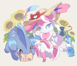 Rule 34 | blue eyes, bottle, bow, brown eyes, can, closed mouth, commentary request, creatures (company), drinking straw, fangs, flower, game freak, gen 4 pokemon, gen 6 pokemon, gible, hat, hat ribbon, clothed pokemon, holding, holding bottle, izobe, nintendo, no humans, open mouth, pokemon, pokemon (creature), red ribbon, ribbon, sitting, straw hat, sunflower, sylveon, toes