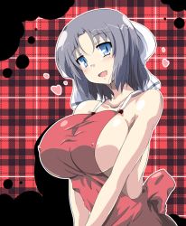 Rule 34 | 10s, 1girl, :d, apron, areola slip, bare arms, bare shoulders, black hair, blue eyes, blush, bow, breasts, collarbone, covered erect nipples, hair bow, heart, large breasts, looking at viewer, mister (black and white), naked apron, open mouth, plaid, plaid background, red apron, senran kagura, senran kagura shinovi versus, short hair, sideboob, smile, solo, upper body, v arms, white bow, yumi (senran kagura)