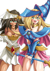 Rule 34 | 2girls, bare shoulders, belt, blonde hair, blush, blush stickers, breasts, brown hair, capelet, cleavage, closed eyes, collar, collarbone, commentary request, covered erect nipples, dark-skinned female, dark magician girl, dark skin, dress, duel monster, facial mark, green eyes, hat, holding, kohta (my page), large breasts, long hair, looking at viewer, mana (yu-gi-oh!), multiple girls, open mouth, pelvic curtain, pentagram, shiny skin, short dress, simple background, smile, strapless, strapless dress, wand, white background, white dress, wizard hat, yu-gi-oh!