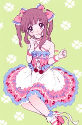 Rule 34 | 1girl, :d, amezawa koma, bow, brown eyes, brown hair, clothing cutout, green background, hair bow, twirling hair, hands up, head tilt, idolmaster, idolmaster cinderella girls, looking at viewer, multicolored clothes, multicolored skirt, navel, navel cutout, ogata chieri, open mouth, pink bow, pink footwear, pink skirt, pink vest, quad tails, shoes, skirt, smile, solo, twintails, vest, white skirt, wristband