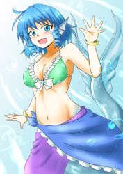 Rule 34 | 1girl, bikini, bikini top only, blue eyes, blue hair, blush, breasts, cleavage, d-m (dii emu), drill hair, fins, fish tail, green bikini, head fins, highres, looking at viewer, medium breasts, mermaid, monster girl, navel, open mouth, sarong, smile, solo, swimsuit, tail, touhou, underwater, wakasagihime