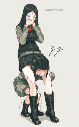 Rule 34 | 10s, 2girls, between legs, black footwear, black skirt, blonde hair, blue eyes, blush, boots, breasts, bulletproof vest, buttons, carrying, clenched teeth, closed eyes, covered mouth, covering own mouth, fang, full body, girls und panzer, green skirt, grey background, gufu (guffuumu), hand over own mouth, helmet, jacket, katyusha (girls und panzer), knee boots, long hair, long sleeves, looking at another, looking down, military, military uniform, miniskirt, motion lines, multiple girls, nonna (girls und panzer), own hands together, plaid, plaid skirt, pleated skirt, red shirt, role reversal, russian text, shadow, shirt, short hair, short jumpsuit, shoulder carry, simple background, skirt, standing, sweater, tank helmet, teeth, trembling, uniform, wince, zipper