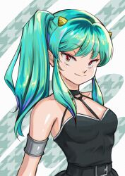 Rule 34 | 1girl, aqua hair, armlet, artist name, bare shoulders, black dress, breasts, collarbone, cone horns, cosplay, crossover, dress, highres, horns, looking at viewer, lum, miz mus, oni, pointy ears, red eyes, side ponytail, sidelocks, sleeveless, sleeveless dress, solo, sousou no frieren, ubel (sousou no frieren), ubel (sousou no frieren) (cosplay), urusei yatsura