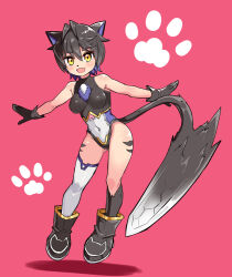 Rule 34 | 1girl, animal ears, black footwear, black gloves, black hair, black leotard, blue hair, body fur, body markings, boots, breasts, cat ears, cat girl, cat tail, commentary, cougar (cougar1404), cut cat, gloves, gluteal fold, jumping, kua (cougar1404), leotard, looking at viewer, medium breasts, open mouth, outstretched arms, paw print, pink background, prototype design, shadow, short hair, simple background, single thighhigh, sleeveless, smile, solo, spread arms, tail, thighhighs, tiger stripes, white thighhighs, yellow eyes