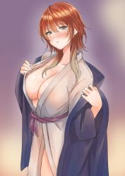 Rule 34 | 1girl, :o, aketa mikoto, blonde hair, blurry, blurry background, blush, breasts, brown hair, cleavage, gradient hair, highres, idolmaster, idolmaster shiny colors, japanese clothes, kimono, large breasts, looking at viewer, multicolored hair, naked kimono, nakonako, simple background, solo, undressing