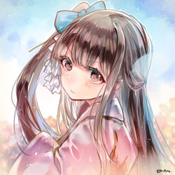 Rule 34 | 1girl, :s, artist name, blue sky, blush, brown hair, closed mouth, day, girls&#039; frontline, highres, japanese clothes, kimono, long hair, long sleeves, looking at viewer, looking back, mirutu, one side up, outdoors, petals, pink kimono, red eyes, signature, sky, solo, upper body, v-shaped eyebrows, wa2000 (girls&#039; frontline)
