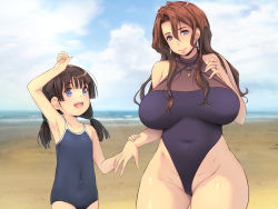 Rule 34 | 2girls, age difference, beach, black hair, blue eyes, breasts, brown hair, covered navel, curvy, day, flat chest, groin, happy, huge breasts, jewelry, legs, long hair, looking at viewer, mother and daughter, multiple girls, ocean, open mouth, original, outdoors, ring, size difference, sky, smile, standing, swimsuit, thighs, twintails, water, wedding ring, yoko juusuke