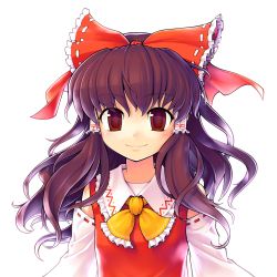 Rule 34 | 1girl, album cover, bare shoulders, bow, brown hair, cover, detached sleeves, ebizome, female focus, hair bow, hair tubes, hakurei reimu, japanese clothes, long hair, miko, red eyes, simple background, smile, solo, touhou, upper body, white background