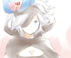 Rule 34 | 10s, 1girl, blue eyes, breasts, cape, eyepatch, flamie speeddraw, flower, hair flower, hair ornament, hairband, looking at viewer, natsushi, portrait, rokka no yuusha, short hair, simple background, smile, solo, white background, white hair