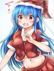 Rule 34 | 1girl, alternate costume, bad id, bad twitter id, blue hair, blush, buttons, fur trim, groin, hat, highres, hinanawi tenshi, long hair, looking at viewer, midriff, navel, open mouth, red eyes, red skirt, santa costume, santa hat, short sleeves, skirt, smile, solo, touhou, upper body, very long hair, yuhito (ablbex)