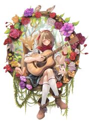 Rule 34 | 1girl, absurdres, bird, blouse, blush, boots, bracelet, character request, closed eyes, closed mouth, commentary request, crossed legs, deer, elocca, fake antlers, floral background, flower, full body, guitar, hairband, hamster, high heel boots, high heels, highres, instrument, jewelry, kneehighs, medium hair, mixed-language commentary, playing guitar, pleated skirt, plectrum, rabbit, red flower, red rose, rose, shirt, sitting, skirt, smile, socks, solo, squirrel, virtual youtuber, white shirt, white socks