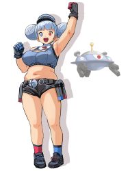 Rule 34 | 1girl, :d, absurdres, arm up, armpits, asymmetrical gloves, asymmetrical legwear, blue eyes, blue hair, breasts, cleavage cutout, clothing cutout, creature and personification, creatures (company), double bun, full body, game freak, gen 4 pokemon, gloves, hair bun, hat, heterochromia, highres, large breasts, letro, magnet, magnezone, muffin top, navel, nintendo, open mouth, personification, plump, pokemon, pokemon (creature), red eyes, short shorts, shorts, skindentation, smile, standing