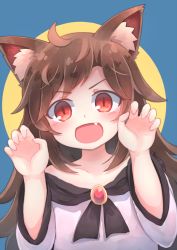 Rule 34 | &gt;:d, 1girl, ahoge, animal ear fluff, animal ears, blue background, brown hair, claw pose, dress, fang, highres, imaizumi kagerou, kibisake, long hair, long sleeves, red eyes, solo, touhou, two-tone background, v-shaped eyebrows, wide sleeves, wolf ears, yellow background