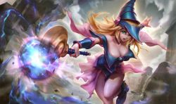 Rule 34 | 1girl, bare shoulders, blonde hair, blush stickers, boots, breasts, cape, capelet, casting spell, cleavage, cloud, cloudy sky, collar, commentary request, dark magician girl, dress, duel monster, erementa, fingernails, green eyes, hat, holding, knee boots, large breasts, leg up, lips, long hair, magic, open mouth, pentagram, shiny skin, short dress, simple background, sky, solo, spell, thighs, wand, witch hat, yu-gi-oh!