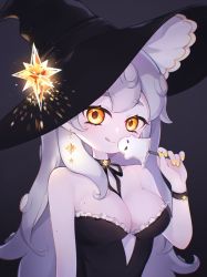 Rule 34 | :q, bad id, bad twitter id, black background, black choker, black dress, black hat, breasts, candy, choker, cleavage, closed mouth, colored skin, dress, earrings, food, ghost, grey hair, grey skin, halloween, halloween costume, hat, hat ornament, highres, holding, holding candy, holding food, holding lollipop, jewelry, licking lips, lollipop, long hair, medium breasts, nail polish, nemui nemuminn, nintendo, octoling, octoling girl, octoling player character, simple background, smile, splatoon (series), star (symbol), star choker, star earrings, star hat ornament, strapless, strapless dress, sucking male nipple, tongue, tongue out, upper body, witch hat, wristband, yellow eyes, yellow nails