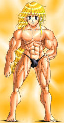 Rule 34 | 1boy, abs, black male swimwear, blonde hair, calmdoll, character request, copyright request, full body, gradient background, male focus, male swimwear, pectorals, penis, penis peek, rampunch, solo, sweat, swimsuit, tagme, thong