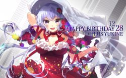 Rule 34 | 10s, 1girl, ahoge, arm up, bad id, bad twitter id, bare shoulders, birthday, blush, breasts, choker, cleavage, dress, fang, flower, hair flower, hair ornament, happy birthday, large breasts, lens flare, long hair, looking at viewer, open mouth, purple eyes, red dress, ribbon, rose, senki zesshou symphogear, silver hair, smile, solo, standing, text focus, twintails, upper body, veil, wada chiyon, yukine chris