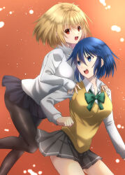 Rule 34 | 2girls, absurdres, arcueid brunestud, blonde hair, blue eyes, blue hair, blue skirt, blush, bow, bowtie, breasts, ciel (tsukihime), collared shirt, commentary request, green ribbon, grey skirt, hair between eyes, hands on another&#039;s shoulders, highres, large breasts, long sleeves, looking at viewer, multiple girls, open mouth, orange background, pantyhose, pleated skirt, red eyes, ribbon, school uniform, shirt, short hair, skirt, smile, sweater, sweater vest, teeth, tsukihime, tsukihime (remake), turtleneck, upper teeth only, vent vert (kuuya), vest, white shirt, white sweater, yellow vest