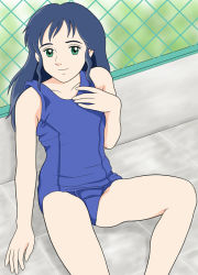 Rule 34 | 1980s (style), 1girl, bad anatomy, blue hair, chain-link fence, fence, green eyes, long hair, looking at viewer, nippon animation, retro artstyle, one-piece swimsuit, outdoors, princess sarah, retro artstyle, sarah crewe, school swimsuit, smile, solo, swimsuit, world masterpiece theater