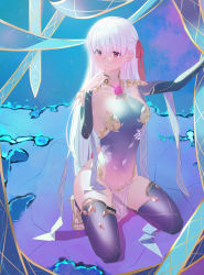 Rule 34 | 1girl, absurdres, armlet, armor, bare shoulders, bikini armor, blush, bracelet, breasts, collar, covered navel, detached sleeves, dress, earrings, fate/grand order, fate (series), floral print, hair ribbon, high heels, highres, jewelry, kama (fate), kama (second ascension) (fate), kneeling, large breasts, long hair, looking at viewer, metal collar, pelvic curtain, purple dress, purple sleeves, purple thighhighs, red eyes, ribbon, ring, silver hair, sinceice, solo, thighhighs, thighlet, thighs