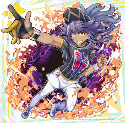 Rule 34 | 1boy, arm up, baseball cap, champion uniform, clenched hand, commentary request, creatures (company), dark-skinned male, dark skin, dynamax band, facial hair, fire, floating hair, game freak, gloves, grin, hat, leggings, leon (pokemon), long hair, male focus, naoto (yandereheaven), nintendo, partially fingerless gloves, pokemon, pokemon swsh, purple hair, shield print, shirt, shoes, short shorts, short sleeves, shorts, single glove, smile, solo, sword print, teeth, white leggings, white shorts, yellow eyes