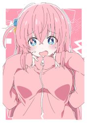 Rule 34 | 1girl, blue eyes, blush, bocchi the rock!, breasts, cube hair ornament, gotoh hitori, hair between eyes, hair ornament, ixy, jacket, large breasts, long hair, long sleeves, looking at viewer, one side up, open mouth, pink hair, pink jacket, solo, track jacket, upper body