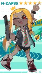 Rule 34 | 1girl, ;d, absurdres, aqua background, black shorts, blonde hair, blush, braid, collarbone, collared shirt, commentary request, dark-skinned female, dark skin, diagonal-striped clothes, diagonal-striped necktie, fangs, full body, grey jacket, gun, hand up, handgun, high tops, highres, holding, holding gun, holding weapon, inkling, inkling girl, inkling player character, jacket, long hair, looking at viewer, mole, mole under eye, multicolored background, n-zap (splatoon), necktie, nintendo, one eye closed, open clothes, open jacket, open mouth, pointy ears, prat rat, red eyes, shirt, shoes, short shorts, shorts, side braid, sidelocks, single braid, smile, sneakers, solo, splatoon (series), splatoon 3, standing, star (symbol), striped clothes, striped necktie, teeth, tentacle hair, upper teeth only, weapon, weapon name, white background, white footwear, white shirt, wing collar