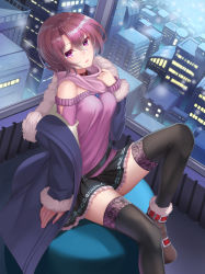 Rule 34 | 1girl, ankle boots, arm at side, bare shoulders, black skirt, blush, boots, breasts, bright pupils, brown footwear, buckle, building, city, dutch angle, frilled skirt, frills, fur-trimmed boots, fur-trimmed sleeves, fur trim, hair between eyes, hand on own chest, indoors, knee up, long sleeves, looking at viewer, medium breasts, mizuya nao, motion blur, nail polish, off-shoulder, off-shoulder sweater, off shoulder, on table, open mouth, original, pink eyes, pink hair, pink nails, pink scarf, pink sweater, scarf, short hair, skirt, sleeves past wrists, smile, snowing, solo, sweater, table, thighhighs, window, winter, zettai ryouiki
