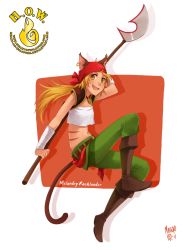 Rule 34 | 1girl, animal ears, arm wrap, bandages, bandana, belt, blonde hair, boots, cat ears, cat tail, character name, copyright name, earrings, facial mark, fang, heart of wildfire, jewelry, long hair, markings, meago, melandry rocklander, midriff, navel, necklace, open mouth, orange eyes, pants, polearm, ponytail, single earring, solo, spear, strapless, tail, tube top, watermark, weapon
