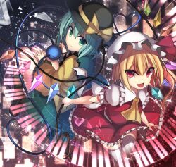 Rule 34 | 2girls, ascot, beamed eighth notes, beamed sixteenth notes, black headwear, black thighhighs, blonde hair, blouse, bow, closed mouth, collared shirt, crystal, dark background, fang, flandre scarlet, frilled shirt collar, frilled skirt, frilled sleeves, frills, green eyes, green hair, green skirt, hair between eyes, hand on own thigh, hat, hat bow, hat ribbon, heart, heart of string, holding, holding polearm, holding weapon, holographic keyboard, janne cherry, komeiji koishi, laevatein (touhou), light smile, long sleeves, looking at viewer, multicolored wings, multiple girls, musical note, one side up, open mouth, polearm, puffy short sleeves, puffy sleeves, quarter note, red eyes, red ribbon, red skirt, red vest, ribbon, ribbon-trimmed headwear, ribbon trim, shattered, shirt, short sleeves, skirt, skirt set, sleeve ribbon, staff (music), thighhighs, third eye, touhou, v-shaped eyebrows, vest, weapon, white headwear, white shirt, wings, yellow ascot, yellow bow, yellow ribbon, yellow shirt, zettai ryouiki