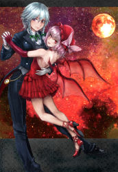 Rule 34 | 2girls, alternate hair color, ankle lace-up, backless dress, backless outfit, bad id, bad pixiv id, bare back, bat wings, braid, butler, cross-laced footwear, dress, elbow gloves, female butler, female focus, formal, full moon, gloves, high heels, highres, izayoi sakuya, moon, multiple girls, osakana (denpa yun&#039;yun), pant suit, pants, pocket watch, purple hair, red eyes, red moon, red theme, remilia scarlet, shoes, short hair, silver hair, smile, suit, touhou, twin braids, waistcoat, watch, wings