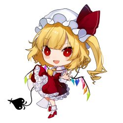 Rule 34 | 1girl, :d, ascot, blonde hair, blush, bobby socks, chibi, crystal, daimaou ruaeru, eyes visible through hair, fang, flandre scarlet, frilled shirt collar, frills, full body, hat, hat ribbon, high heels, highres, laevatein, long hair, looking at viewer, mob cap, one side up, open mouth, petticoat, red eyes, red footwear, red ribbon, red skirt, red vest, ribbon, short sleeves, skirt, skirt set, smile, socks, solo, touhou, transparent background, vest, white hat, white socks, wings, yellow ascot