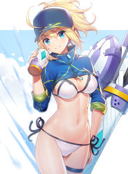 Rule 34 | 1girl, ahoge, artoria pendragon (fate), baseball cap, bikini, blue sky, blush, breasts, cleavage, day, fate/grand order, fate (series), grin, hair between eyes, hat, highres, holding, long hair, looking at viewer, mysterious heroine x (fate), mysterious heroine xx (fate), navel, outdoors, parted lips, ponytail, ririko (zhuoyandesailaer), shrug (clothing), side-tie bikini bottom, sidelocks, sky, smile, solo, standing, swimsuit, thigh strap, twinmyniad (fate), white bikini, wind